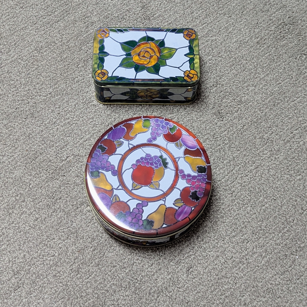 Decorative Floral & Fruit Tin Set - Colorful Stained-Glass Motif